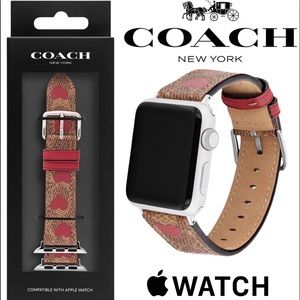 COACH Signature Tan Logo Red Heart Motif Leather 38 40 MM Apple Watch Band Strap